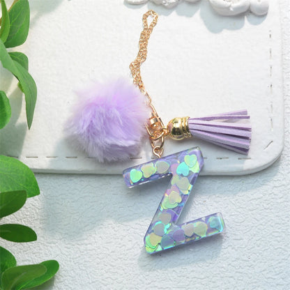 Sparkling Fashion Initials Letter Charm Keychains With Pompom Tassel Handle Pendant Keyrings for Tumbler Women Cup Accessories