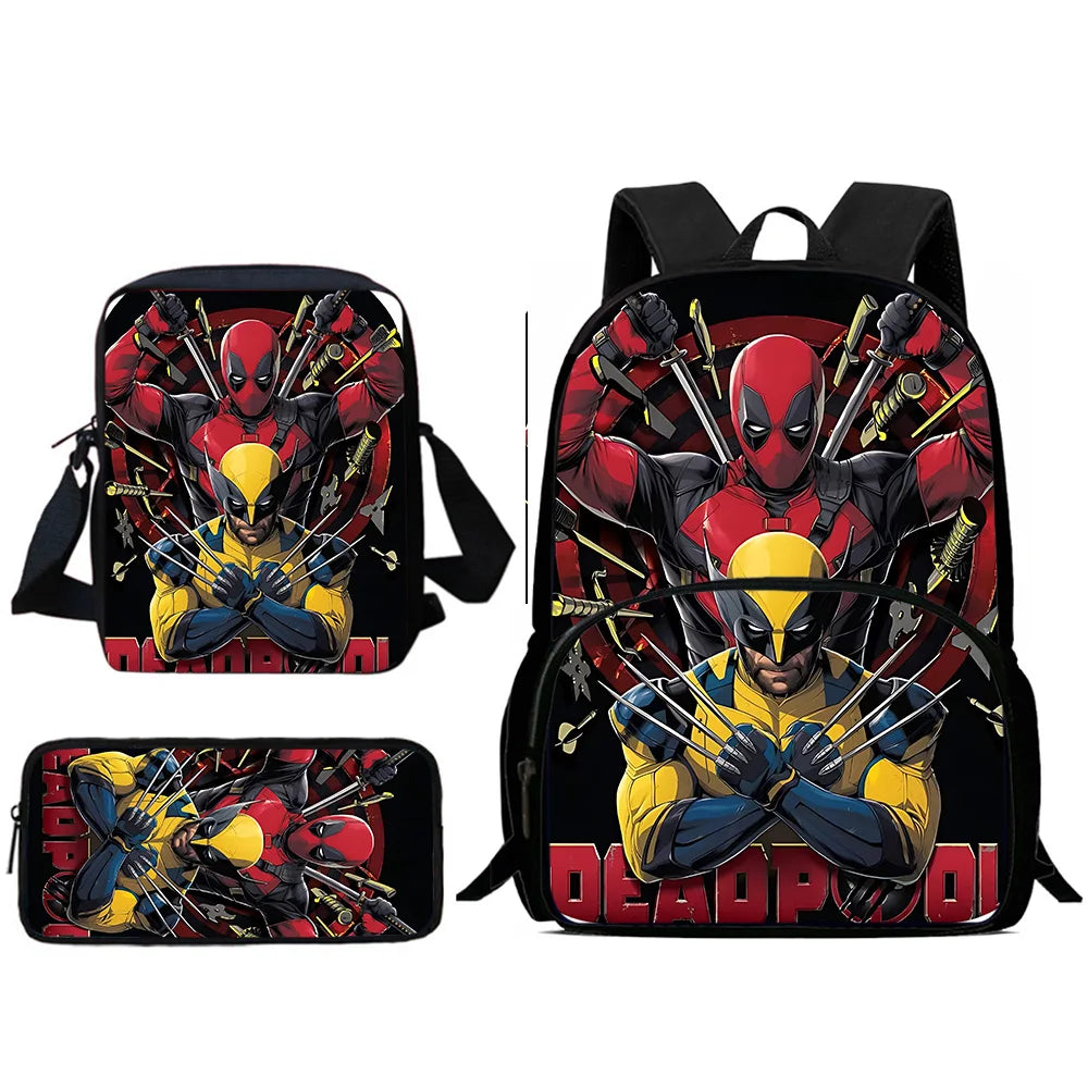 3Pcs Set Deadpools Heroes Child Backpacks Shoulder Bag Pencil Case Pupil Large Capacity School Bags for Boys Girls Best Gift