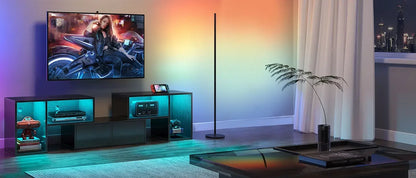 Rolanstar TV Stand, Deformable TV Stand with Power Outlets & LED Strip, Modern Entertainment Cent