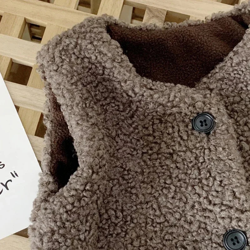 Autumn Winter Baby Lamb Wool Plus Velvet Waistcoat Girls Boys Plush Vest Single Breasted V Neck Child Warm Fashion Warm Coat