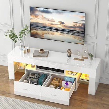 Modern LED TV Stand with 16 Color Options Storage Drawer Glass Shelf Fits 50/55/60/65/70 Inch TVs Easy Installation Remote