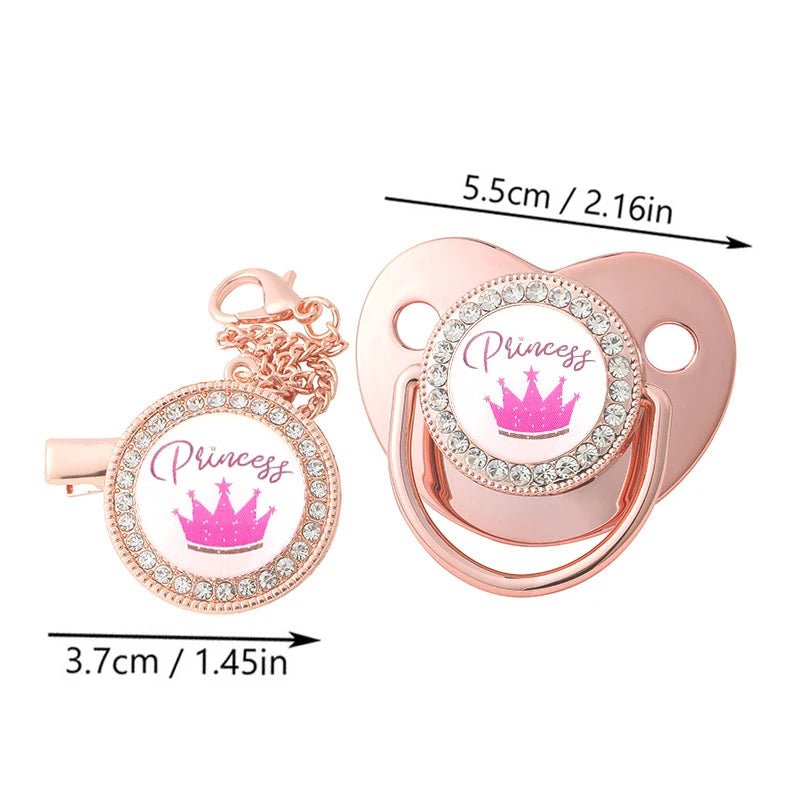 Luxury Rhinestones Baby Pacifier Chain Clips with Lid Princess Prince Crown Pacifiers Newborn Silicone Nipple Infant Shower Gift