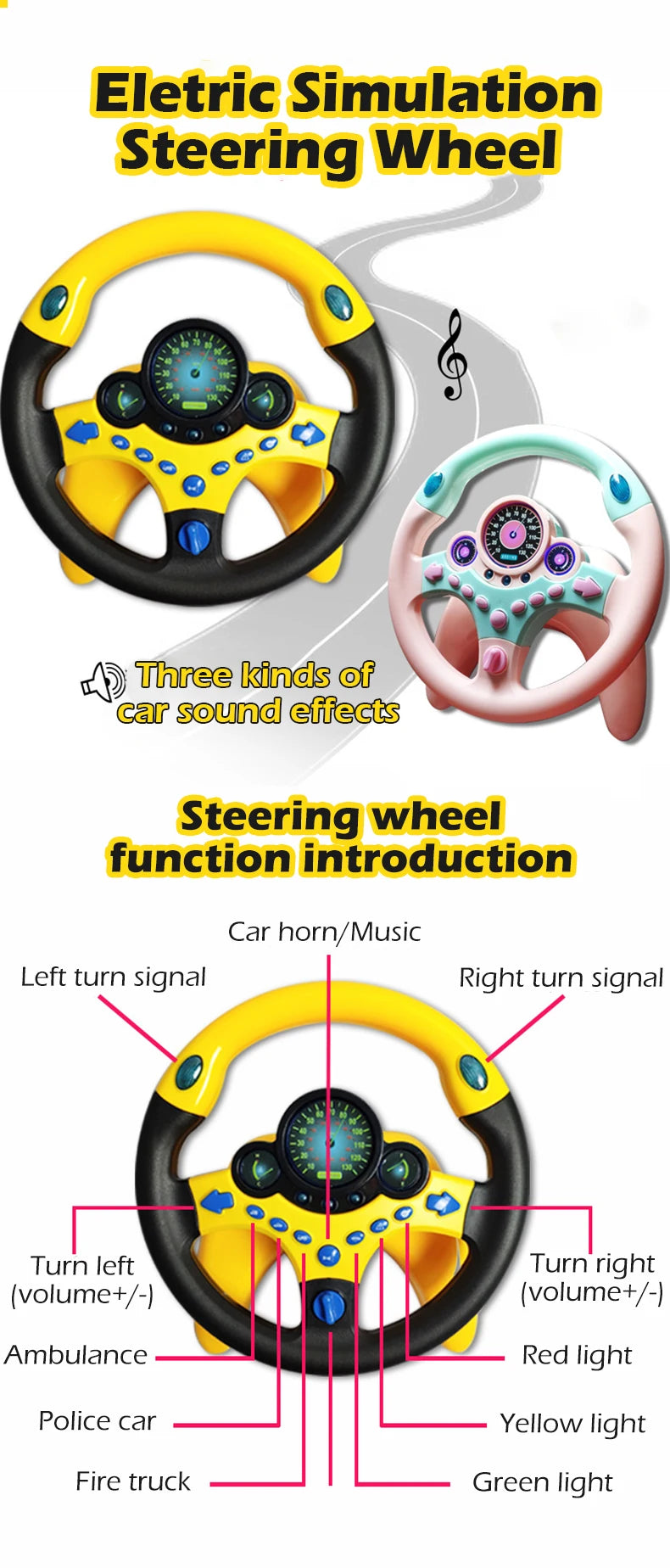 Kids Electric Simulation Steering Wheel Toy With Light And Sound Educational Children Co-Pilot Children'S Car Toy Vocal Toy Gift