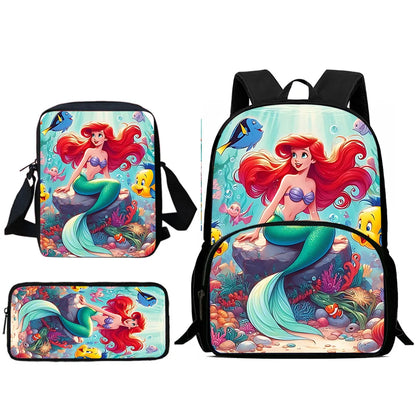 3Pcs Set Cute Princess Ariel Child Backpacks Shoulder Bag Pencil Case Pupil Large Capacity School Bags for Boys Girls Best Gift