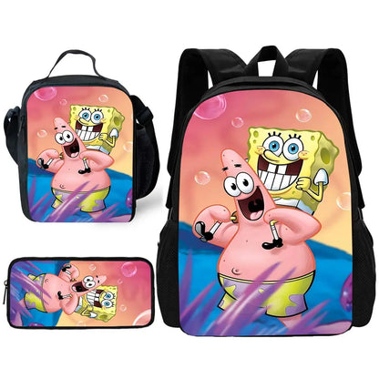 Cartoon Cute Child School Backpack with Lunch Bags ,Pencil Bags ,School Bags for S-spongebobS Boys Girls Best Gift