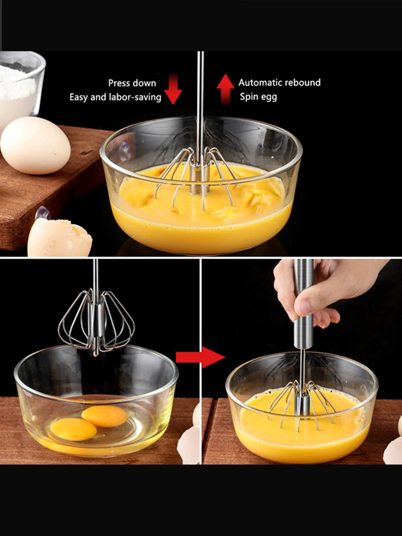 Semi-automatic Egg Beater 304 Stainless Steel Egg Whisk Manual Hand Mixer Self Turning Egg Stirrer Kitchen Accessories Egg Tools