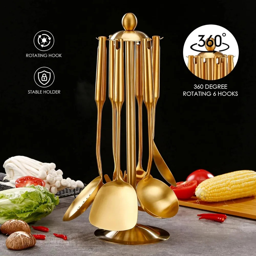 Gold Kitchen Utensils Set with Stand – 7 Piece 304 Stainless Steel Brass Cooking Tools with Rotating Holder, Spatula, Slotted