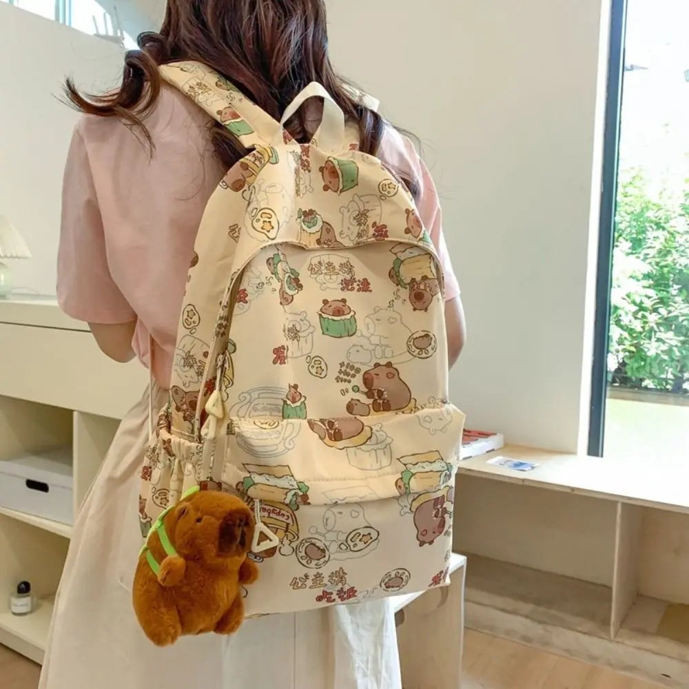 Kawaii Cartoon Capybara Backpack Funny Large Capacity Capybara School Bag Nylon Handbag Student Laptop Bag NO Pendant