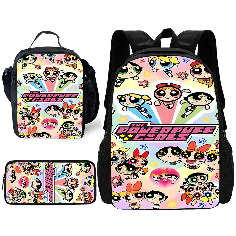 3 pcs set Cute Anime Powerpuffs Girlss Child School Backpack with Lunch Bags ,Pencil Bags ,School Bags for Boys Girls Best Gift