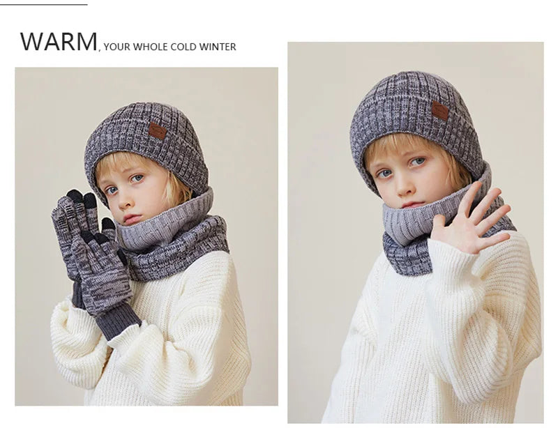 2/3Pcs Kids Winter Hat Scarf Gloves Set Warm Children Beanie Hats Neck Warmer Non Slip Gloves Child Boys Cap Kids Gift 4-10Y