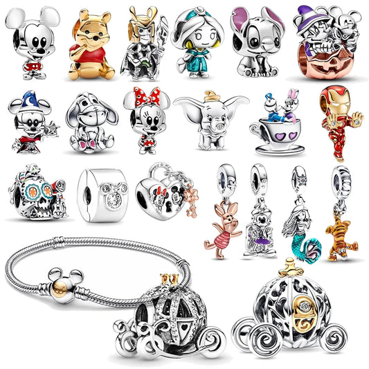 Disney 100th Princess Pumpkin Cart Mickey Minnie Dumbo Charm Stitch Beads Fit Original Pandora Bracelets DIY Jewelry Gifts Toy