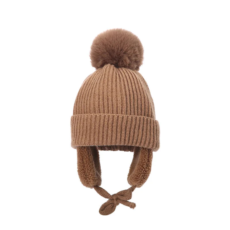 Winter Thick Baby Hat Big Pompom Beanie with Earflap Wool Plush Children Knitted Cap for Girls Boys Warm Kids Accessories 2-8T