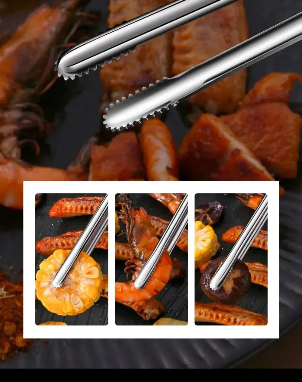 Stainless Steel Grill Tongs Food Clip BBQ Steak Clip Bread Tong Cooking Utensils Party Non-Slip Kitchen Gadgets Accessories BBQ