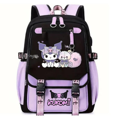 Lovely Kuromi Melody Backpacks USB Cartoon Purple Printed Boy Girls School Bag Students Bookbag Teens Women Mochila Escolar Niña