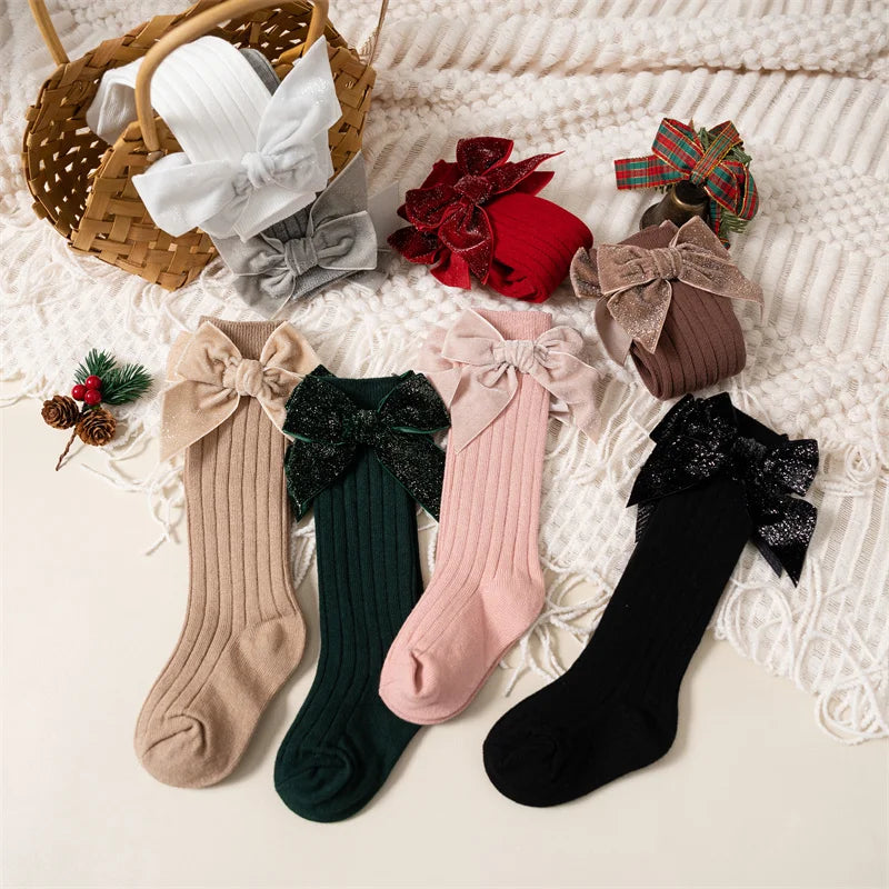 Baby Girls Knee High Socks Autumn Winter Kids Big Bow Long Soft Christmas Sparkly Sock Cotton Red Children Socken For 0-8 Years