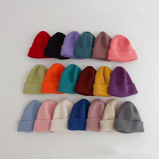 Autumn Winter Knitsuit Boy Girl Children Candy Color Solid Casual Knitted Hat Baby Warm Soft Cotton Cap Kid Fashion Kniting Caps