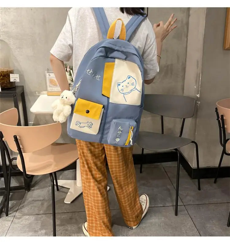 Hundreds of simple junior high school students schoolbag Large capacity primary school students schoolbag cute cat pattern