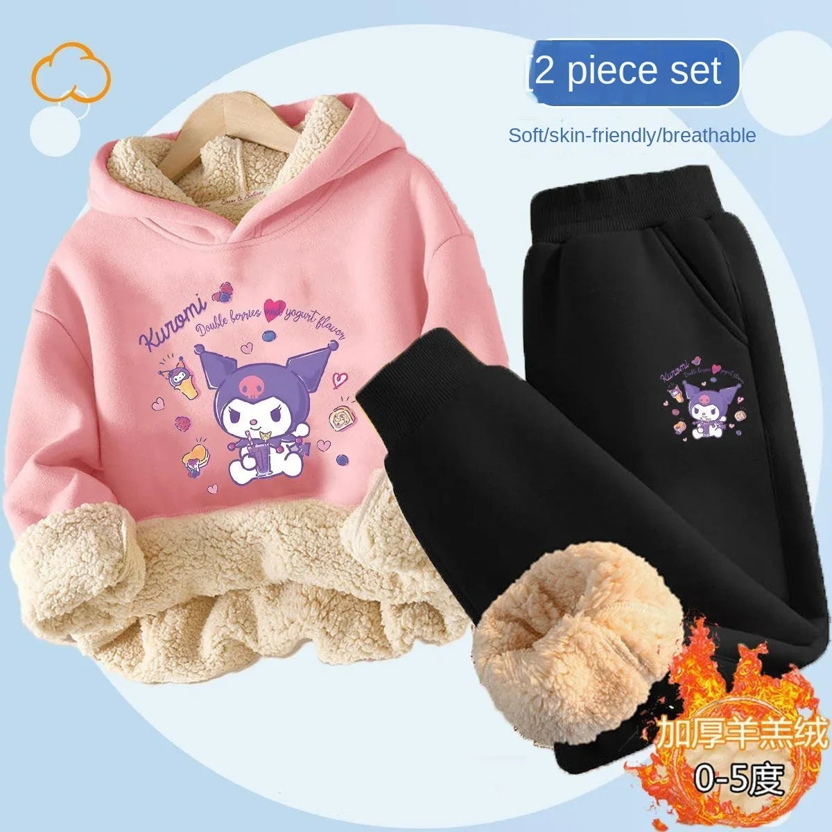 Kuromi Plush Warm Children's Clothing Set for Girls Thicken Fleece Lined Sweatshirt + Pants 2 Pcs Suit Winter Tracksuit