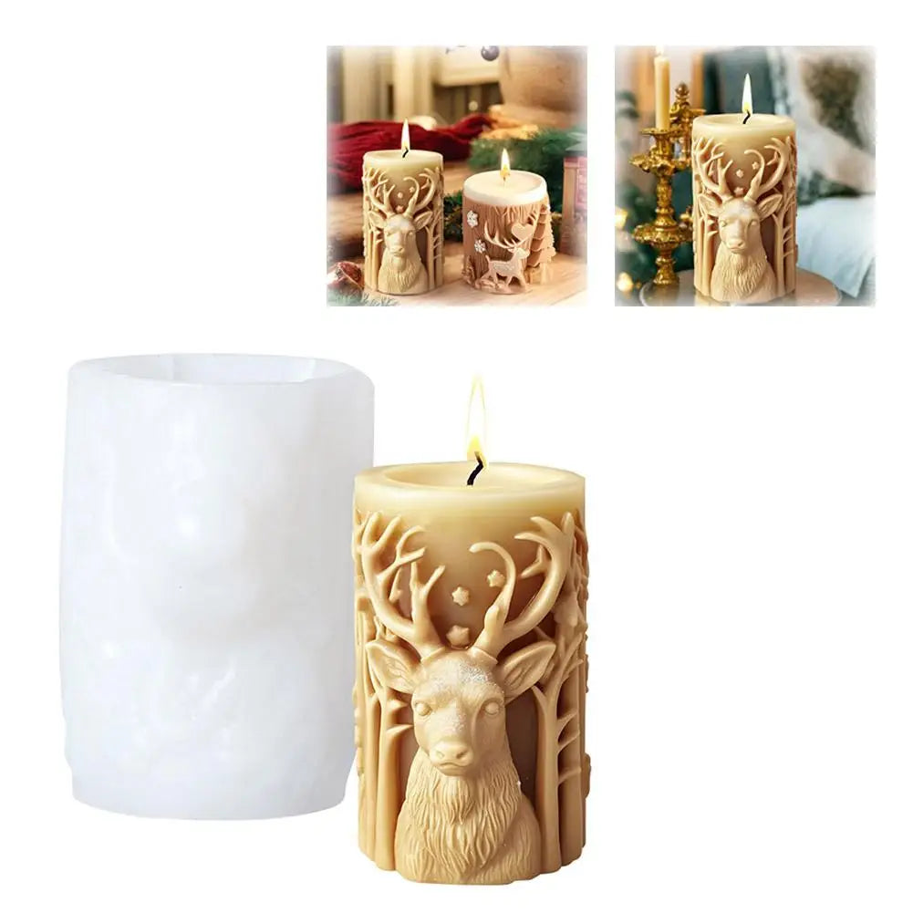 New Christmas Tree Carving Pattern Cylindrical Candle 3D Silicone Mold Reindeer Snowflake Cylindrical Elk Candle Mold