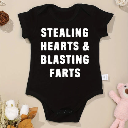 Creative New Baby Girl Boy Cotton Onesie Stealing Hearts and Blasting Farts Letter Print Funny Infant Clothes Comfy Breathable