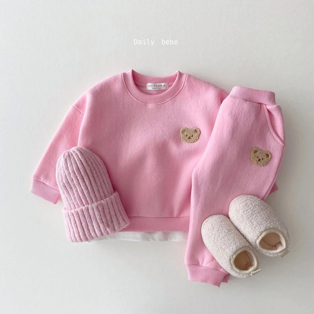 Baby Bear Embroidery  Fleece Pullover  Set  Sweatshirt Tops+Harem Jogger Pants Suits 2pcs Girls Boys  Lined Clothes