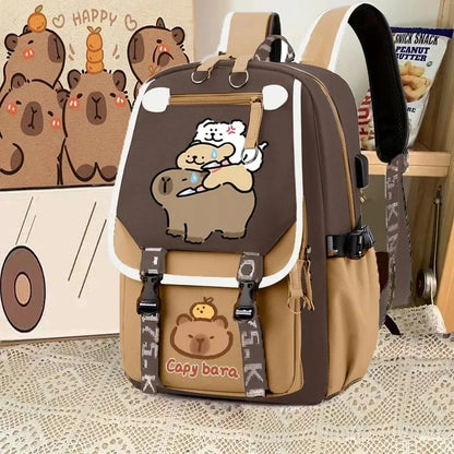 Cute Capybara Backpack Waterproof Large-Capacity Multi-Compartment Backpack Animal Print School Bag Capybara Plush Toy Included