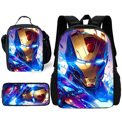 3 pcs set Cute Anime For Irons Man Child School Backpack with Lunch Bags ,Pencil Bags ,School Bags for Boys Girls Best Gift