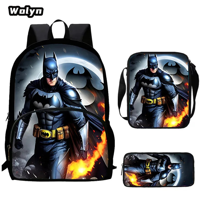 Cartoon Super Hero B-BatmanS LOGO Child Backpack,Shoulder Bag,Pencil Bag for 4-8 Years Old Anime School Bag for BoyGirl BestGift