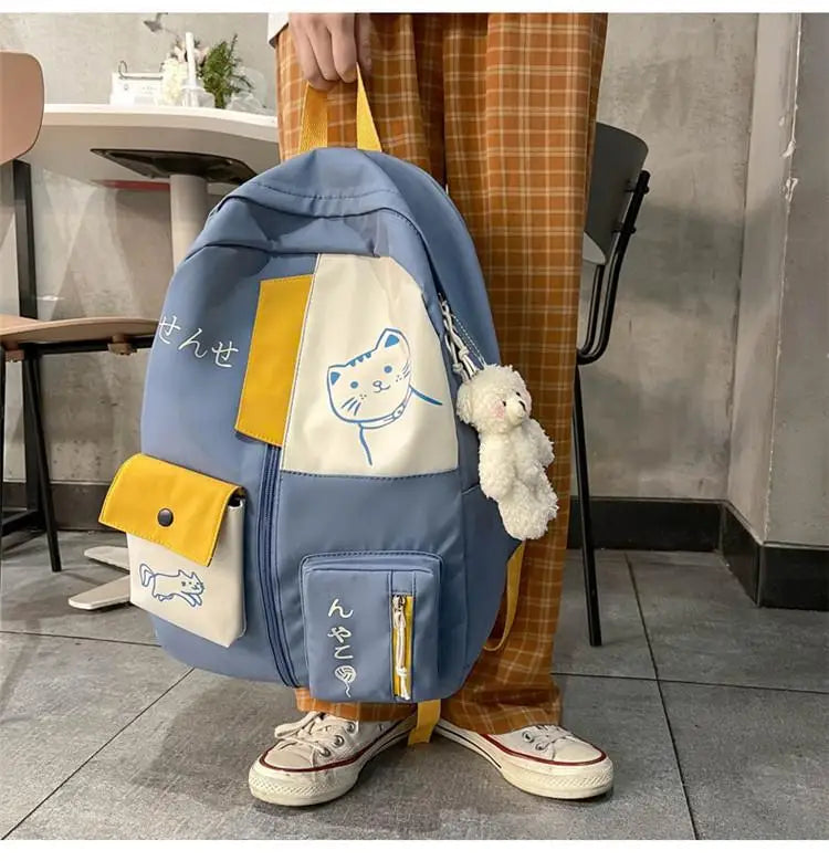 Hundreds of simple junior high school students schoolbag Large capacity primary school students schoolbag cute cat pattern