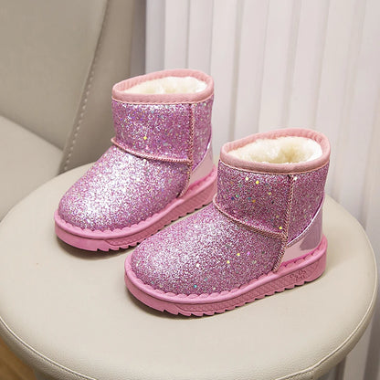 Winter Girl's Snow Boots Glimmer Three Colors Thick Fur Kids Short Boot Warm Beautiful Stylish Slip-on Children Shoes 25-36