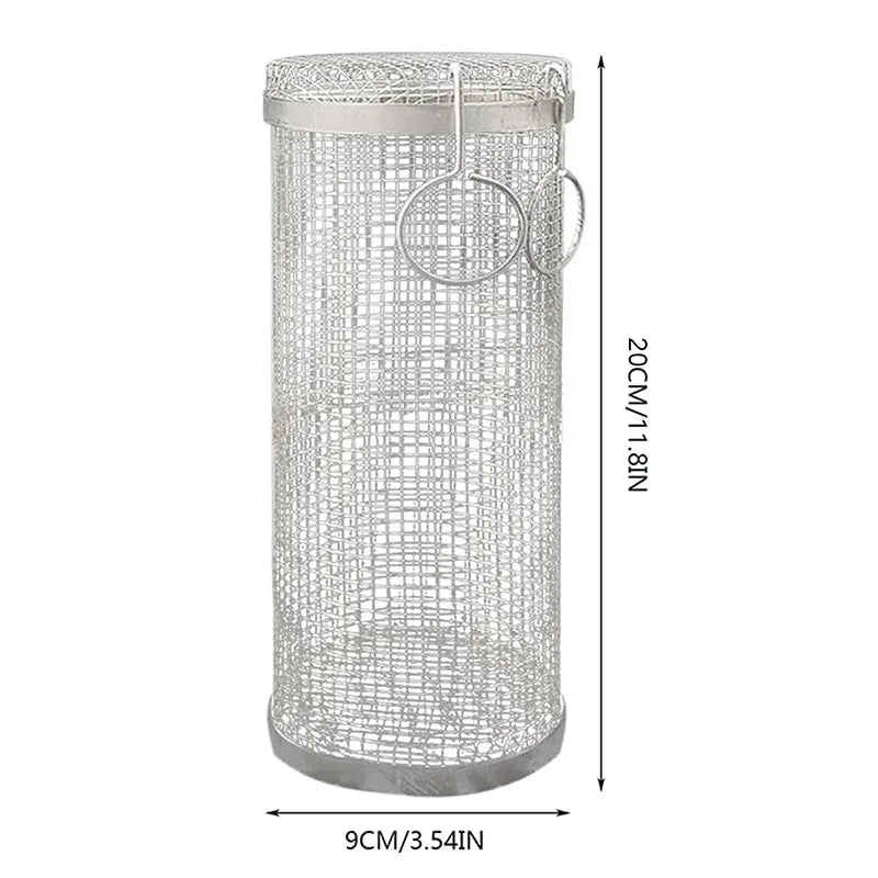 BBQ Basket Stainless Steel Rolling Grilling Basket Wire Mesh Cylinder Cylindrical Portable Round Outdoor Camping Barbecue Rack