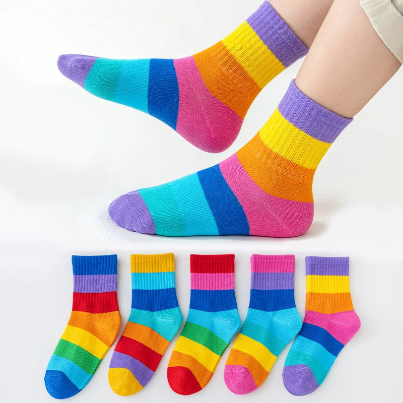 5 Pairs Girl's Rainbow Pattern Socks Cotton Comfortable Breathable Soft Kids Socks