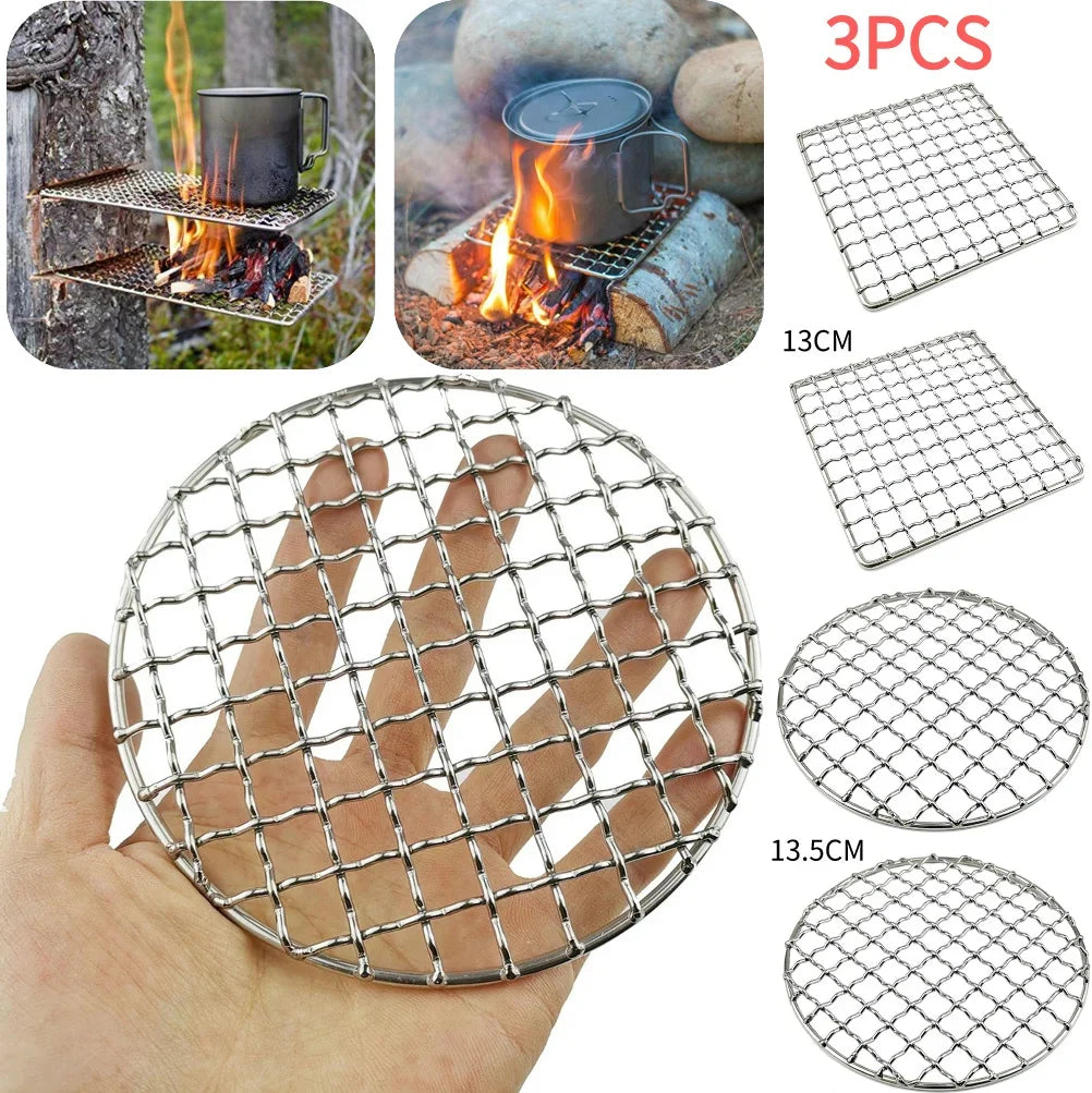 Stainless Steel Camping Grill Grate Mesh Pads Square Round Grilling Net Fire Cooking Outdoor Activities Traveling Picnic BBQ Pad