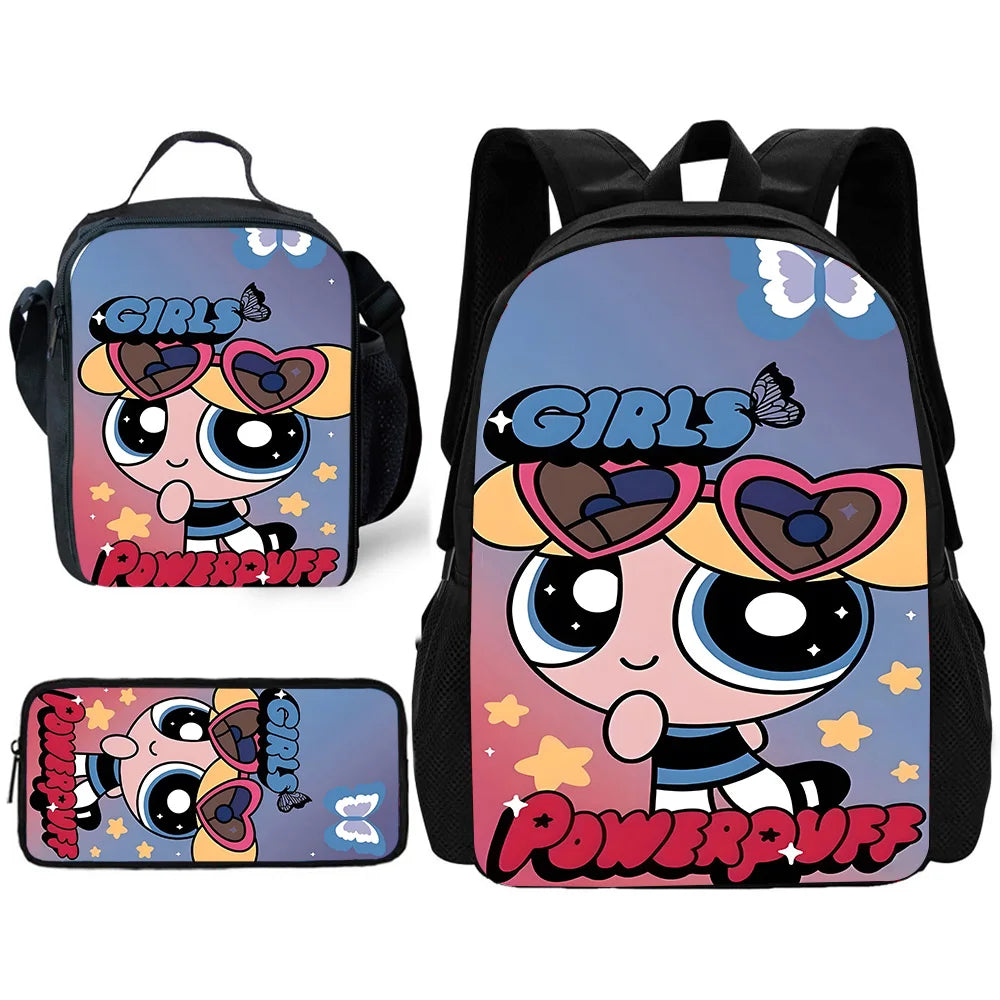 3 pcs set Cute Anime Powerpuffs Girlss Child School Backpack with Lunch Bags ,Pencil Bags ,School Bags for Boys Girls Best Gift