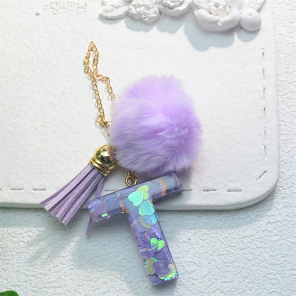 Sparkling Fashion Initials Letter Charm Keychains With Pompom Tassel Handle Pendant Keyrings for Tumbler Women Cup Accessories