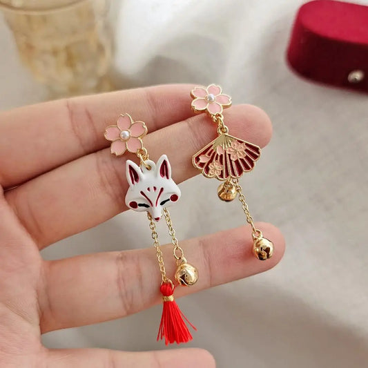 Women Eleagnt Chinese Flower Tassel Pendent Stud Earrings Cute Animal Dangle Drop Earrings Temperament Japanese Sakura Earrings