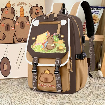 Cute Capybara Backpack Waterproof Large-Capacity Multi-Compartment Backpack Animal Print School Bag Capybara Plush Toy Included