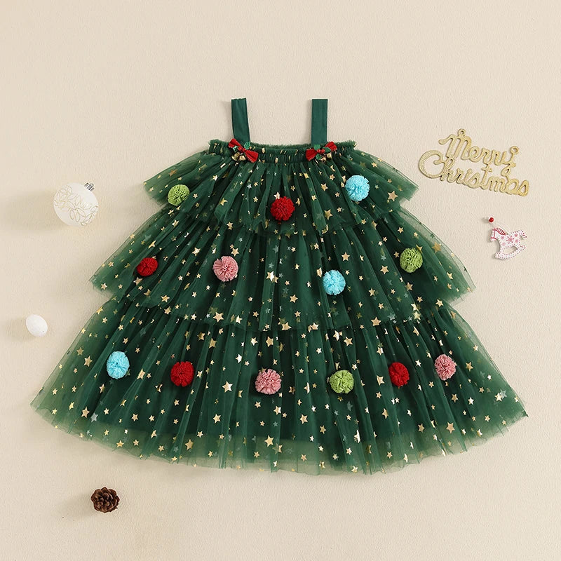 MISOWMNJOY Christmas Baby Girls Dresses Princess Kids Party Clothes for Girl Star Print Sleeveless Layered Tulle Dress with Ball