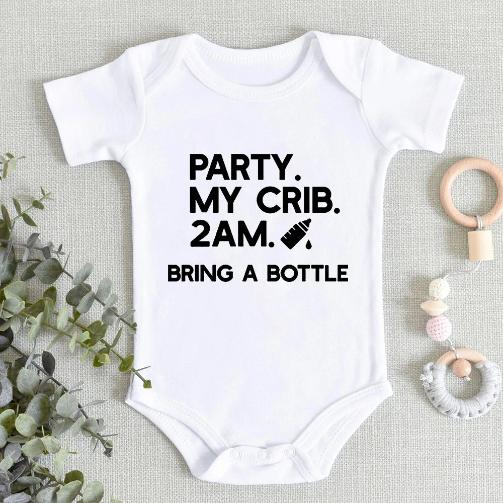 Party My Crib 2am Milk Bring a Bottle Funny Infant Onesies Fashion Creative Newborn Baby Girl Boy Clothes Bodysuit Fast Delivery