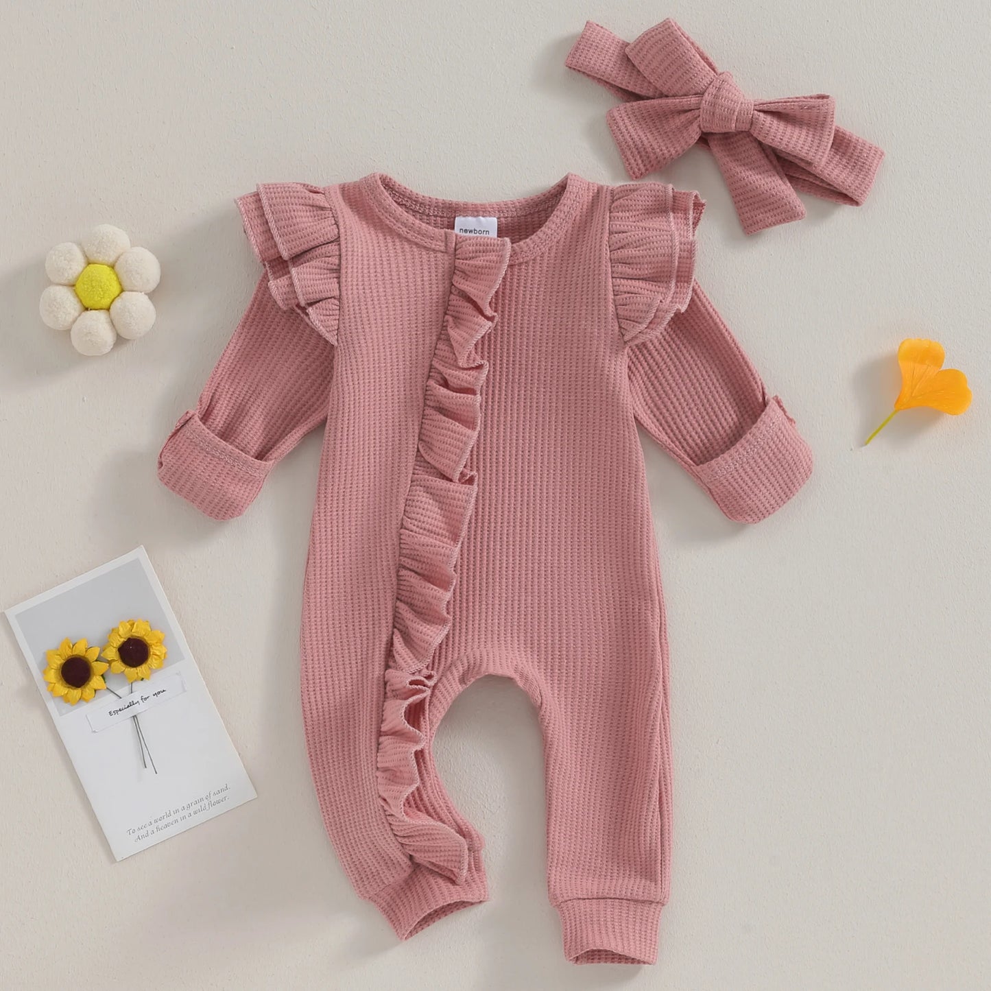 Pudcoco Infant Baby Girl Autumn Jumpsuit Solid Color Round Neck Flying Sleeve Ruffled Zipper Romper with Bow Headband 0-12M