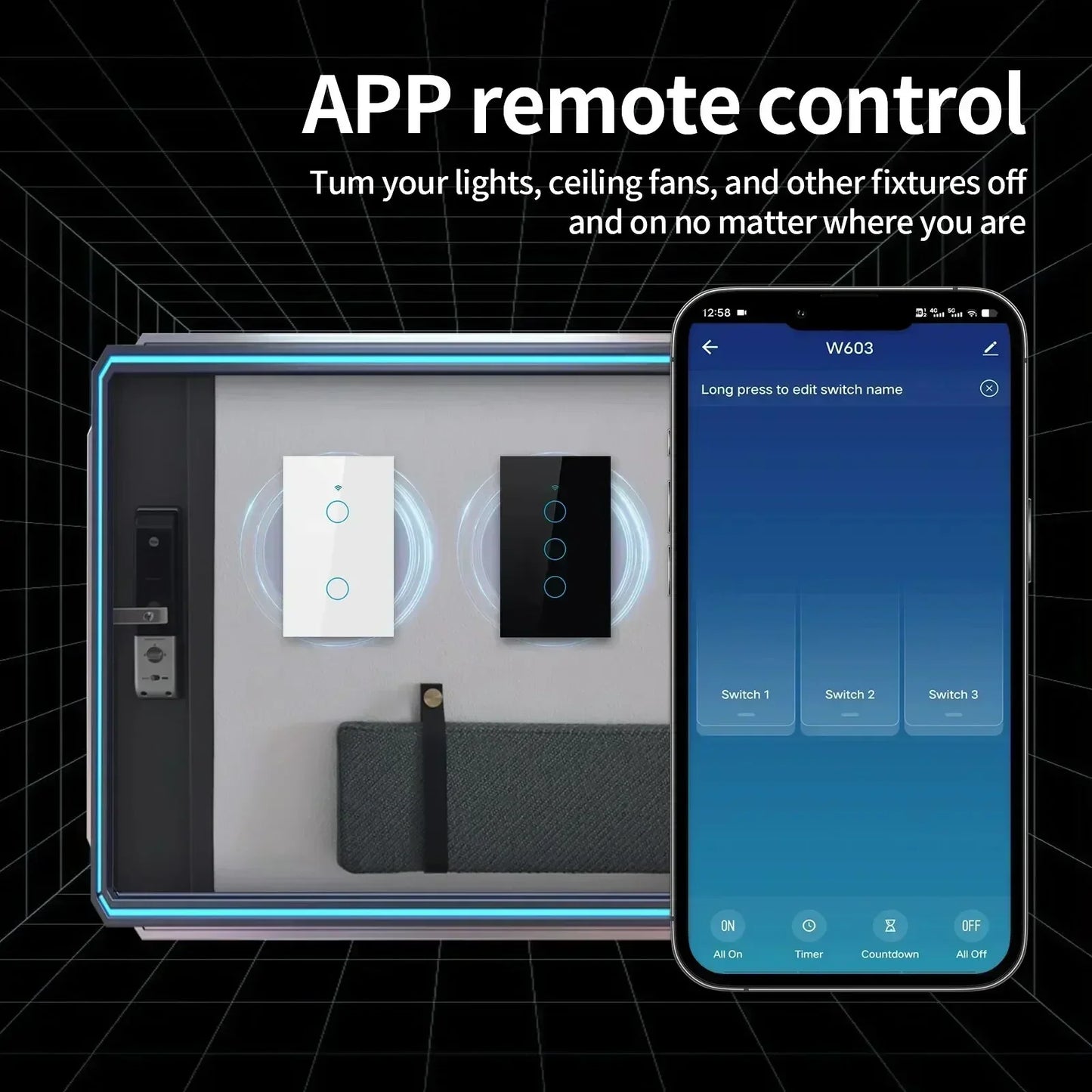 Tuya US WiFi+Bluetooth Smart Switches No Neutral Wire Required 1/2/3/4 Gang Light WiFi Touch Switch Work with Alexa Google Home