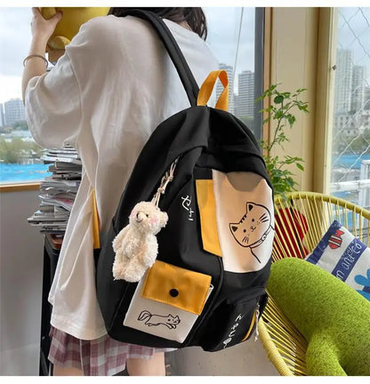 Hundreds of simple junior high school students schoolbag Large capacity primary school students schoolbag cute cat pattern