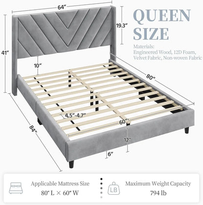 Bed Frame Upholstered Platform Bed with Wing Side/Wooden Slat Support/Tufted Headboard with Wing Side/Mattress Foundation