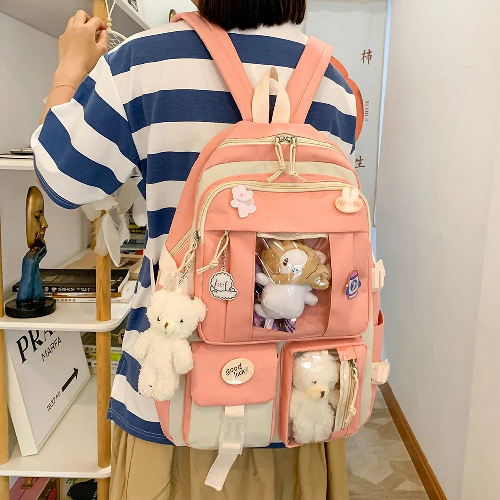 5 Pcs Set Kawaii Girls Backpack For Student School Bag Teenager Girls Schoolbag Book Bags Pencil Case Women Travel Backpack Tote