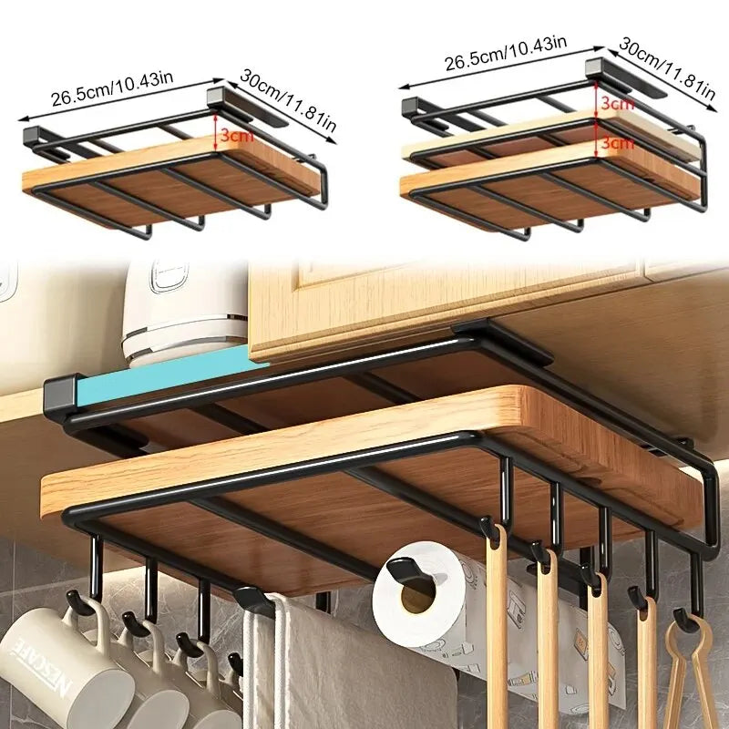 Spacesaving Kitchen Cutting Board Shelf, Undercabinet Hanging Rack for Utensils and Cooking Accessories  Easy Installation