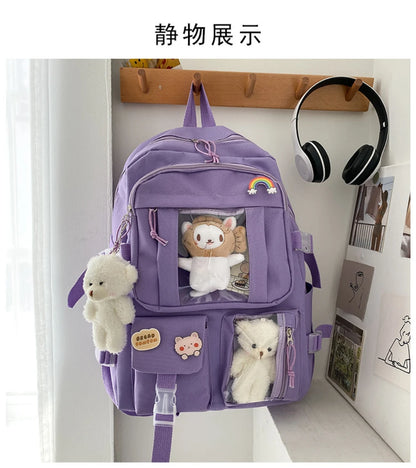 Girls High School Student Backpack Bags Backpack with Pin and Pendant,Cute Aesthetic Backpack ,Outdoor Sports Leisure Bag