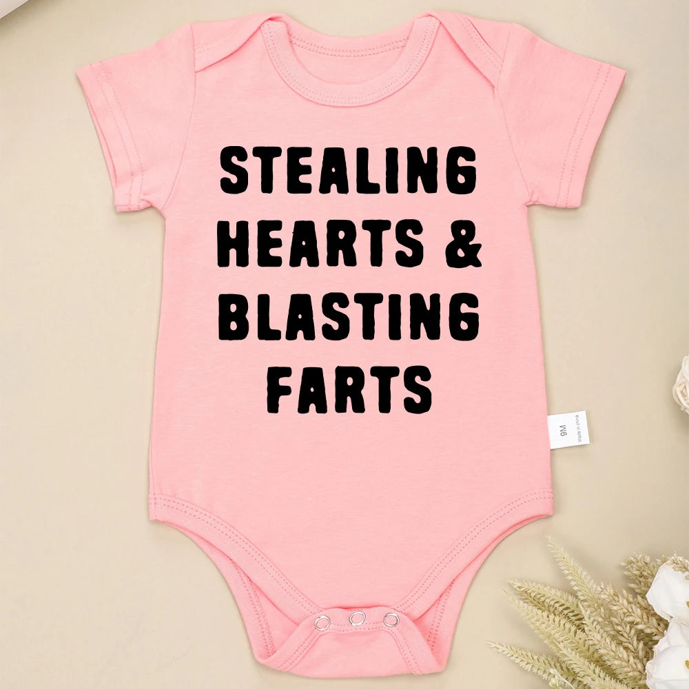 Creative New Baby Girl Boy Cotton Onesie Stealing Hearts and Blasting Farts Letter Print Funny Infant Clothes Comfy Breathable