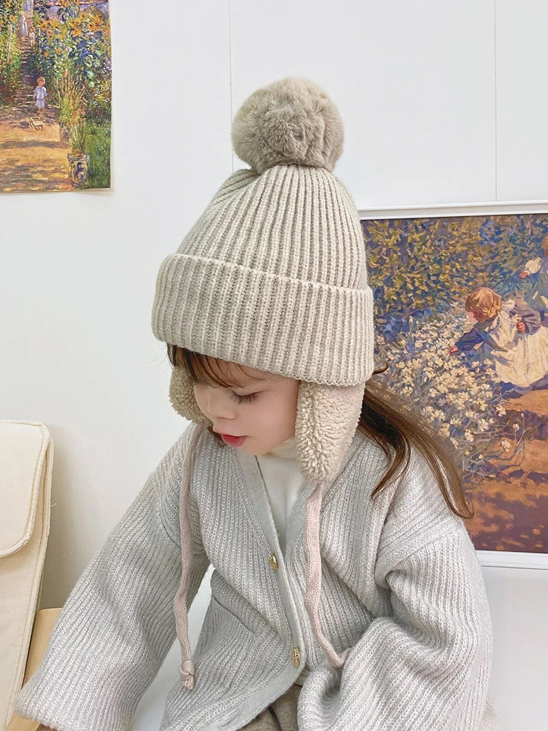 Winter Thick Baby Hat Big Pompom Beanie with Earflap Wool Plush Children Knitted Cap for Girls Boys Warm Kids Accessories 2-8T