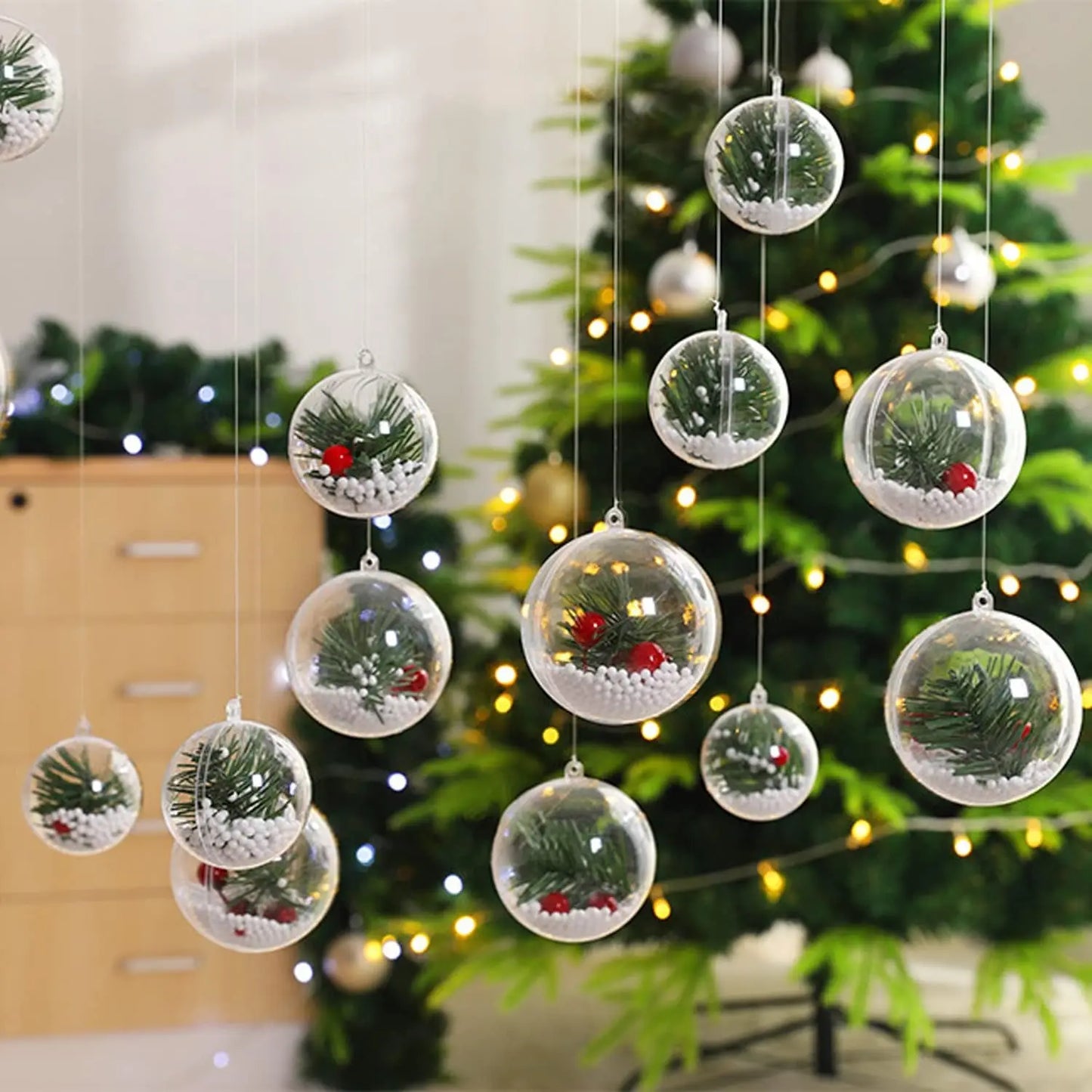 1/12Pcs DIY Hollow Balls Christmas Plastic Transparent Fillable Bauble Xmas Tree Hanging Ornaments Home Party Gifts Box Decor