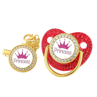 Luxury Rhinestones Baby Pacifier Chain Clips with Lid Princess Prince Crown Pacifiers Newborn Silicone Nipple Infant Shower Gift